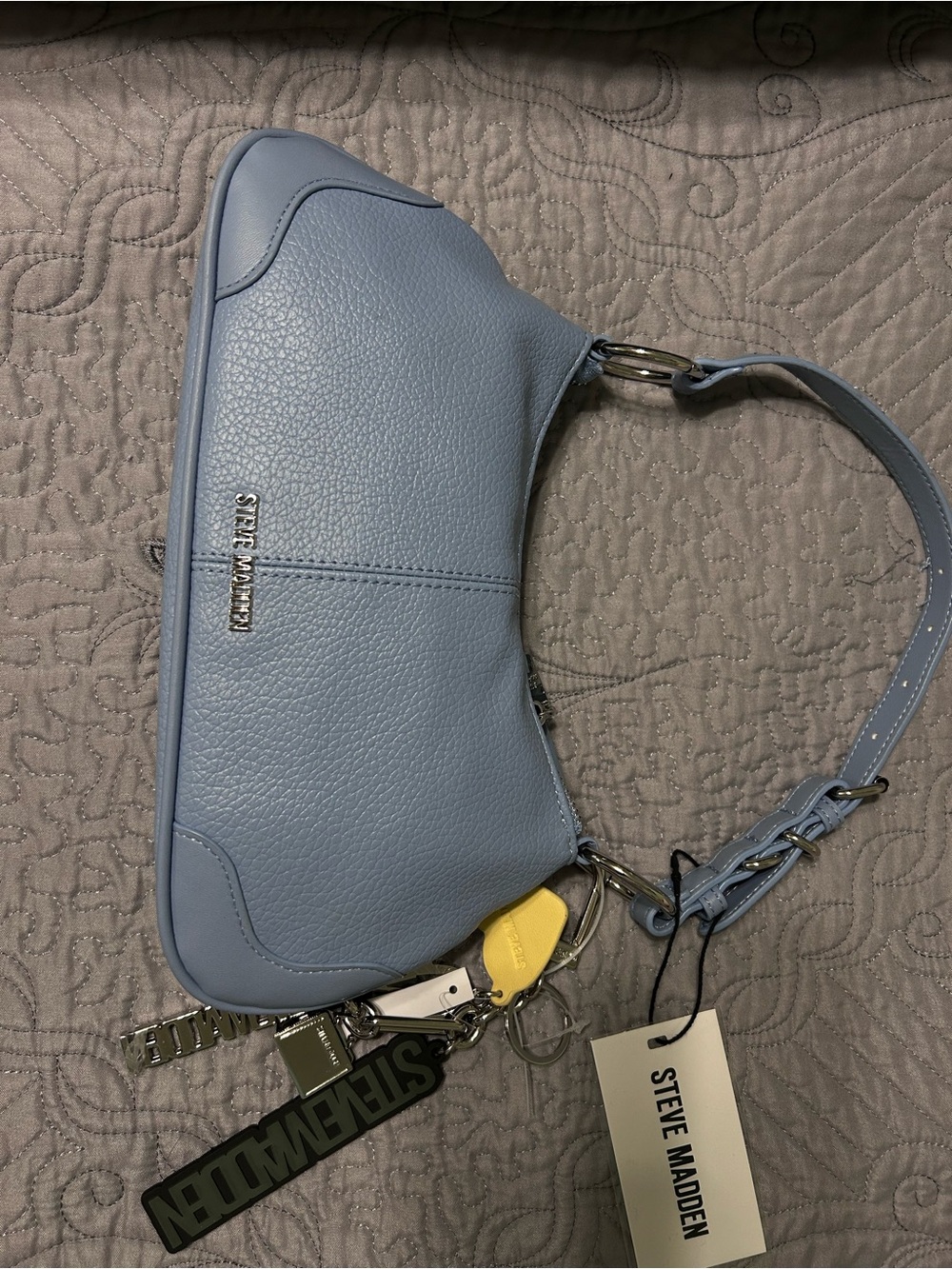 Steve Madden Light Blue Pebbled Shoulder Bag with Charm Accents